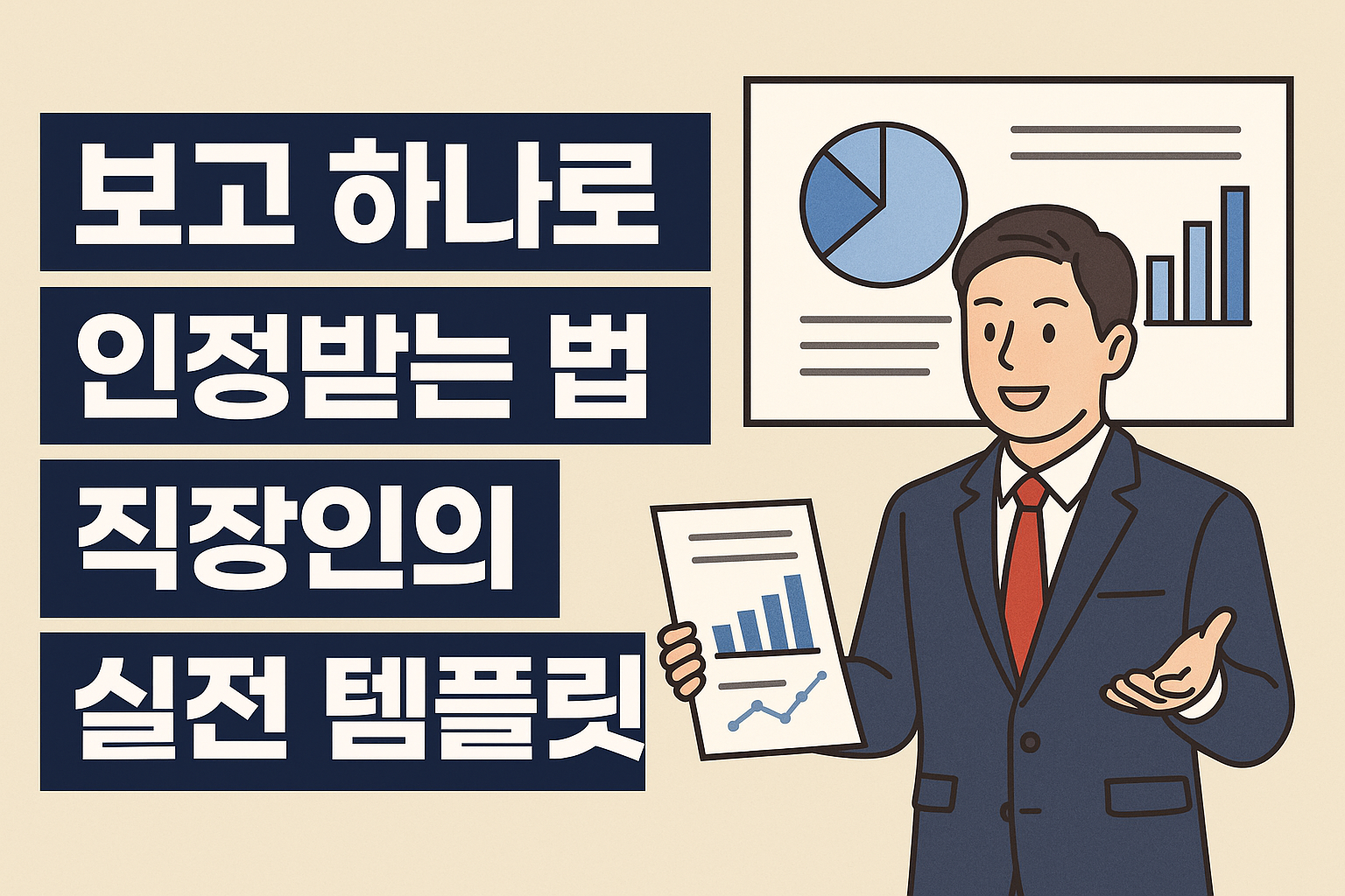 보고서를 들고 발표 중인 직장인의 일러스트와 보고 잘하는 법 문구 이미지