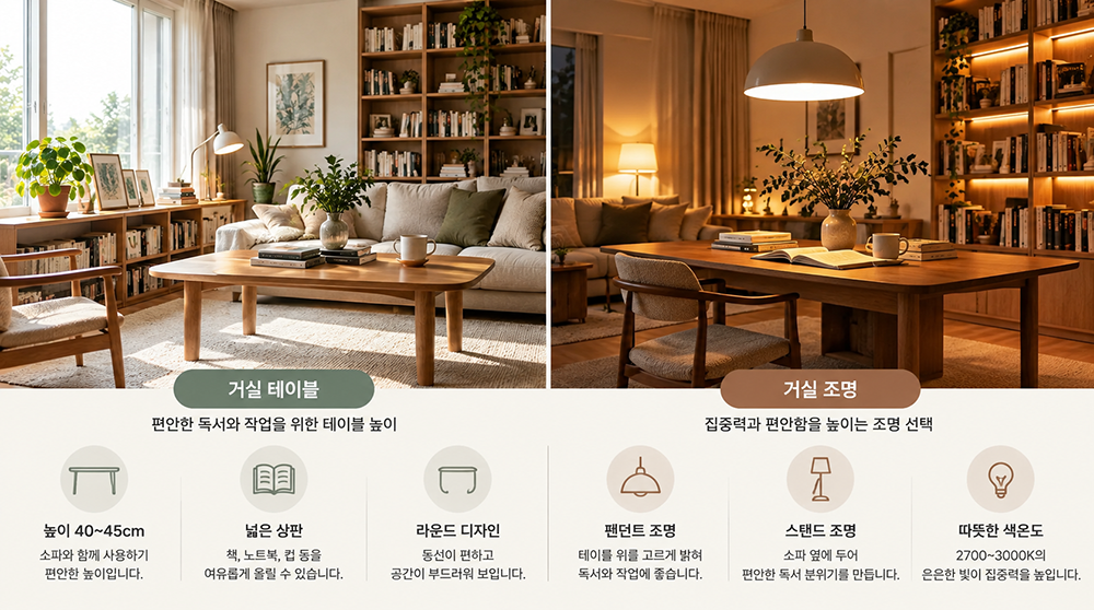 거실 서재화에 활용하는 원목 테이블과 독서등, 책장 간접조명을 비교한 인테리어 이미지