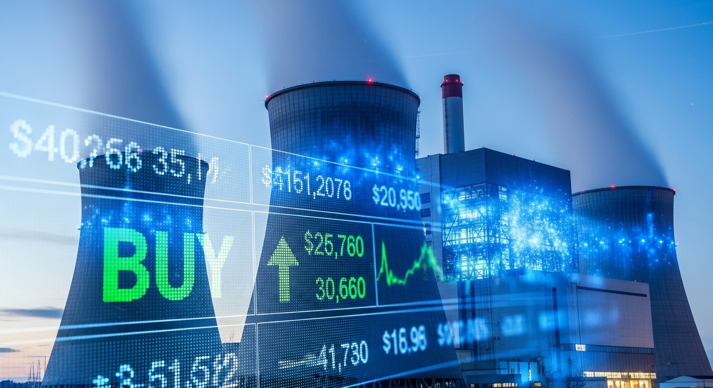 Image of a blue-glowing nuclear power plant overlapped with a stock ticker board showing a 'Buy' sign.