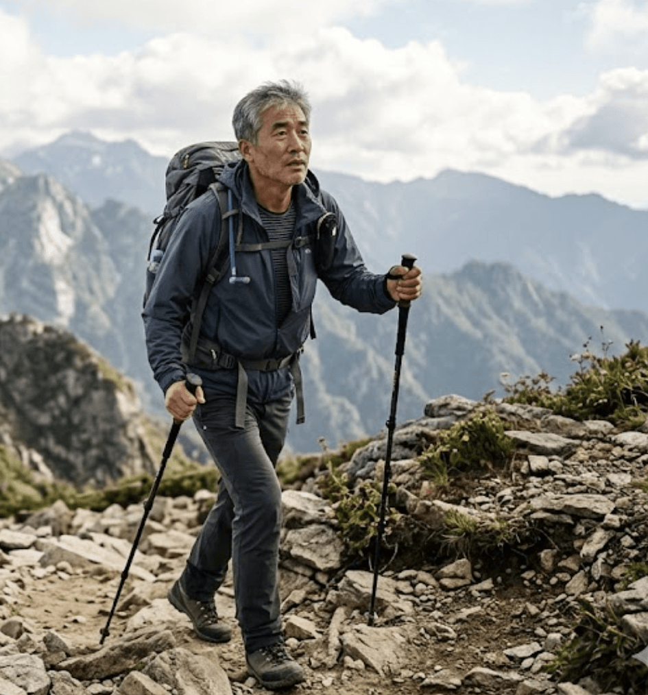 해발 2,100m의 고산 지대에서 세포의 산소 효율을 높이는 인터미턴트 저산소 훈련(IHT)을 위해 등산 스틱을 짚고 힘차게 산행을 하고 있는 중년 남성 등산객의 모습