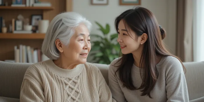 치매 초기증상으로 힘들어 하는 어머니와 대화하는 딸의 모습