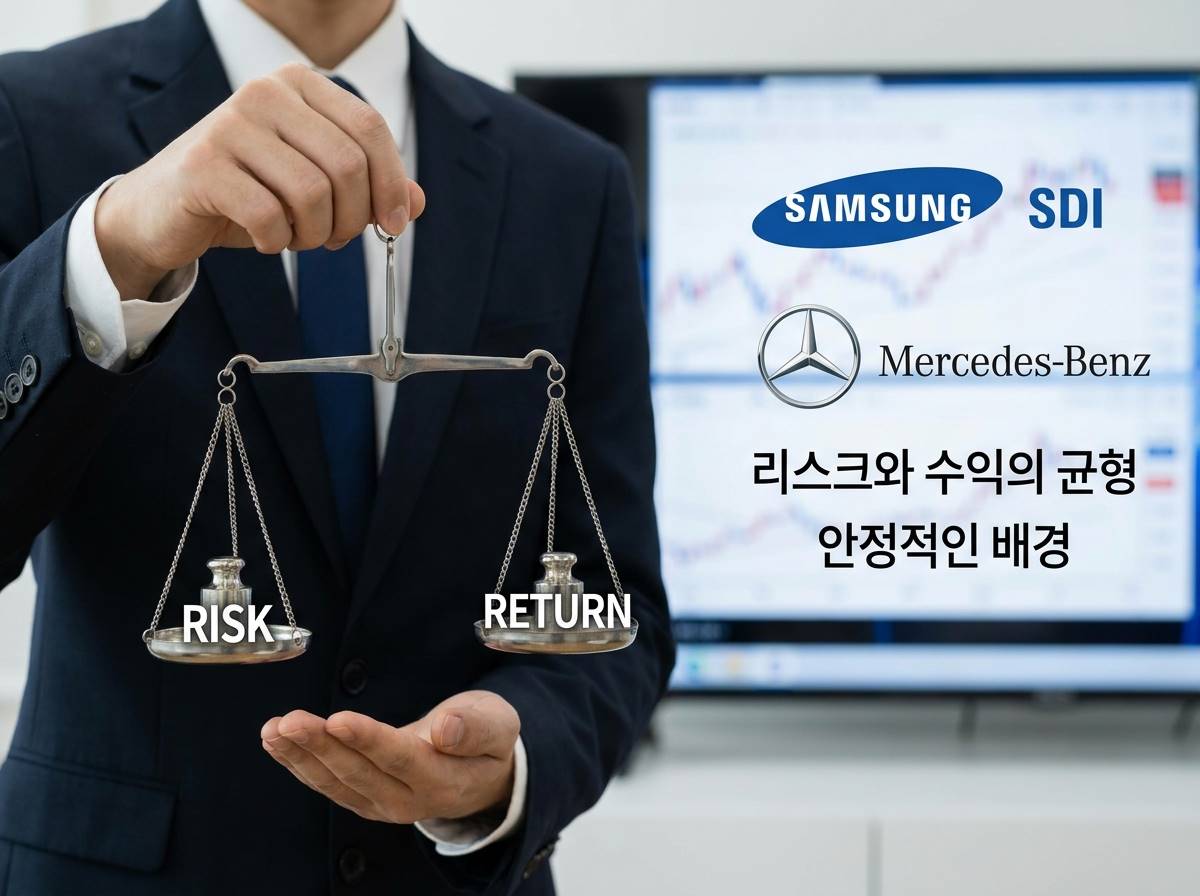 리스크와 수익 사이에서 균형을 잡는 투자자의 모습, 뒤로는 삼성SDI와 벤츠 로고가 있는 안정적인 배경