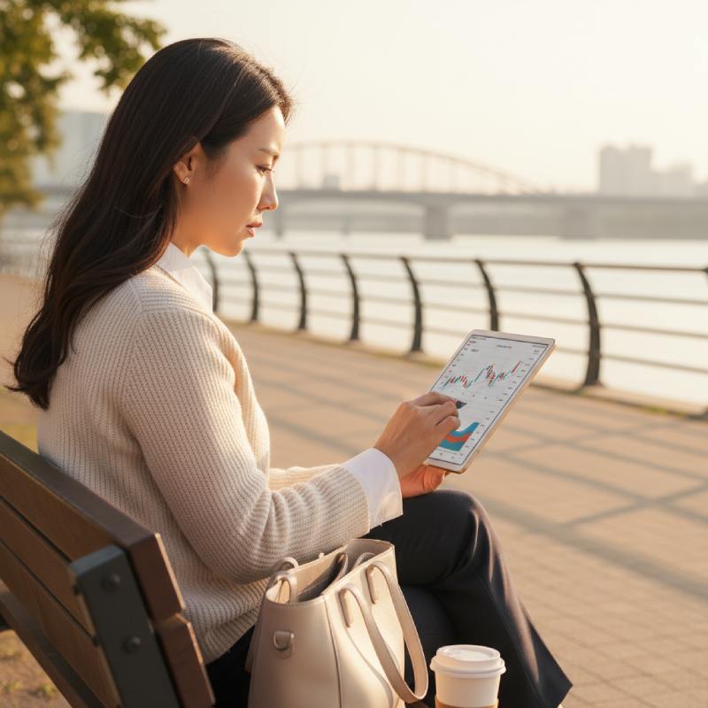 따뜻한 오후, 한강변 벤치에 앉아 태블릿으로 주식 차트를 진지하게 분석하는 30대 한국인 직장 여성의 옆모습 고해상도 사진. 금융 투자, 재테크, 미래 계획 이미지를 나타냄