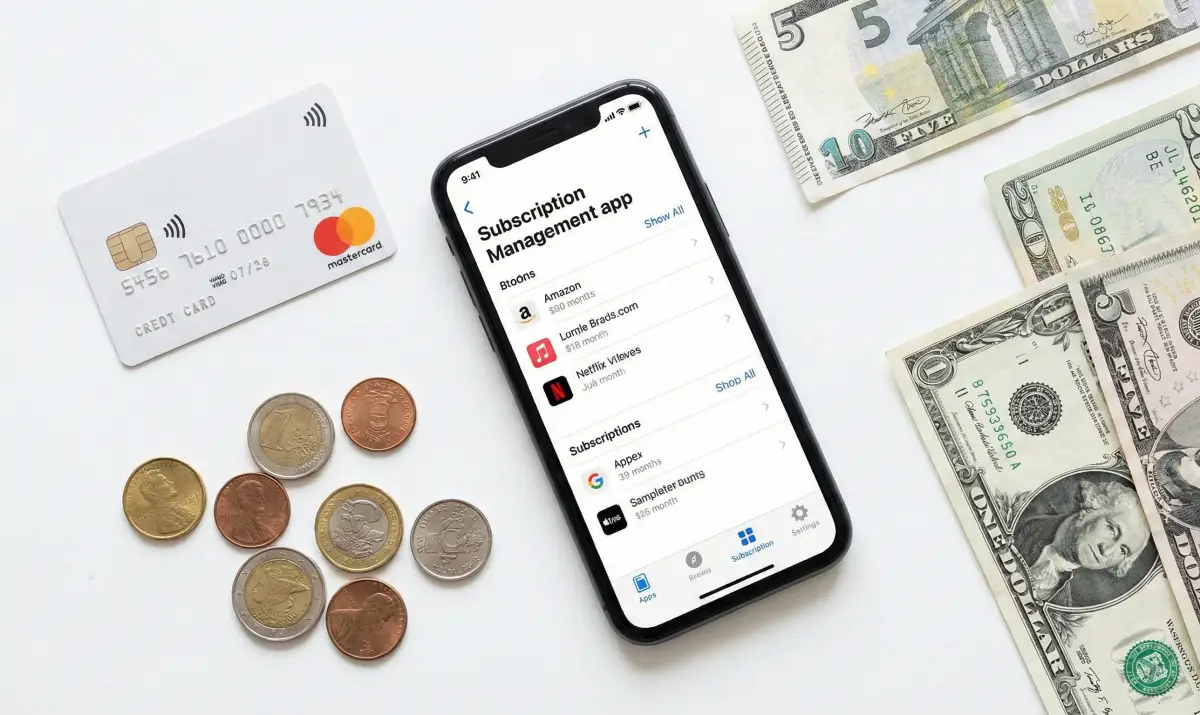 책상 위에 놓인 신용카드와 스마트폰 구독 관리 화면, 그리고 동전들이 정돈된 모습
