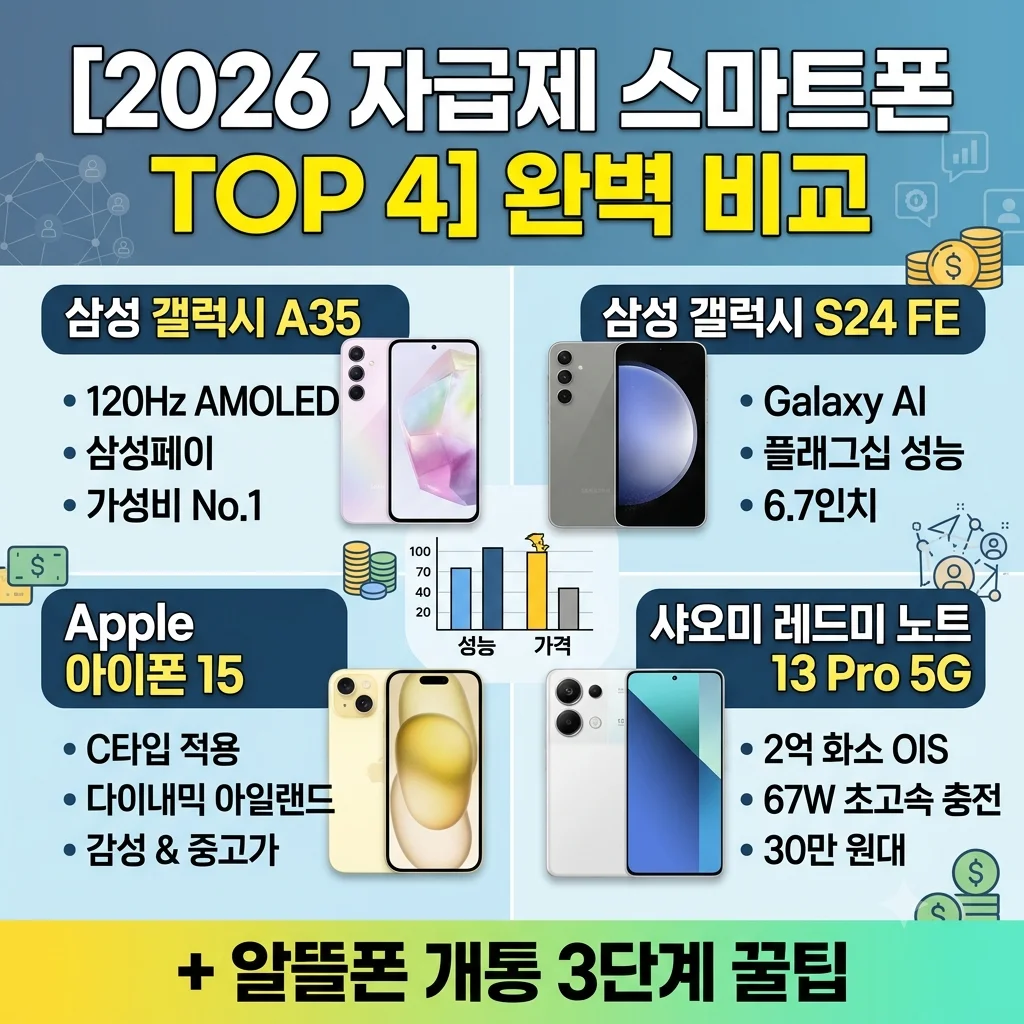 2026 가성비 자급제 스마트폰 추천 TOP 4 갤럭시 A35 S24 FE 아이폰 15 샤오미 비교 알뜰폰 요금제 구매 가이드