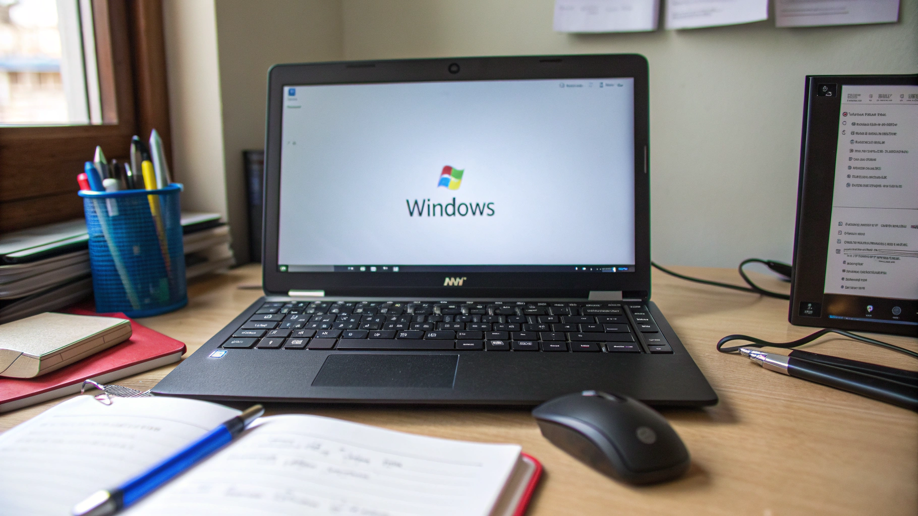 "책상 위에 놓인 노트북 화면에 Windows 로고와 'Windows'라는 텍스트가 흰 배경 위에 표시되어 있으며, 운영체제가 실행 중인 상태로 보임. 노트북 주변에는 펜꽂이, 무선 마우스, 노트북 보조 모니터, 공책과 펜 등이 놓여 있어 작업 환경이 잘 갖추어진 홈오피스 또는 공부방 분위기