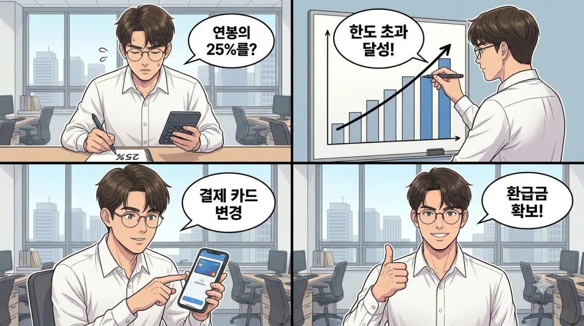 25% 문턱을 기점으로 메인 결제 카드를 체크카드로 갈아타는 웹툰 4컷 만화