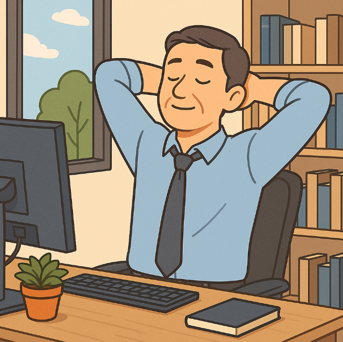 업무 중 스트레칭으로 갱년기 스트레스를 해소하는 직장인 남성