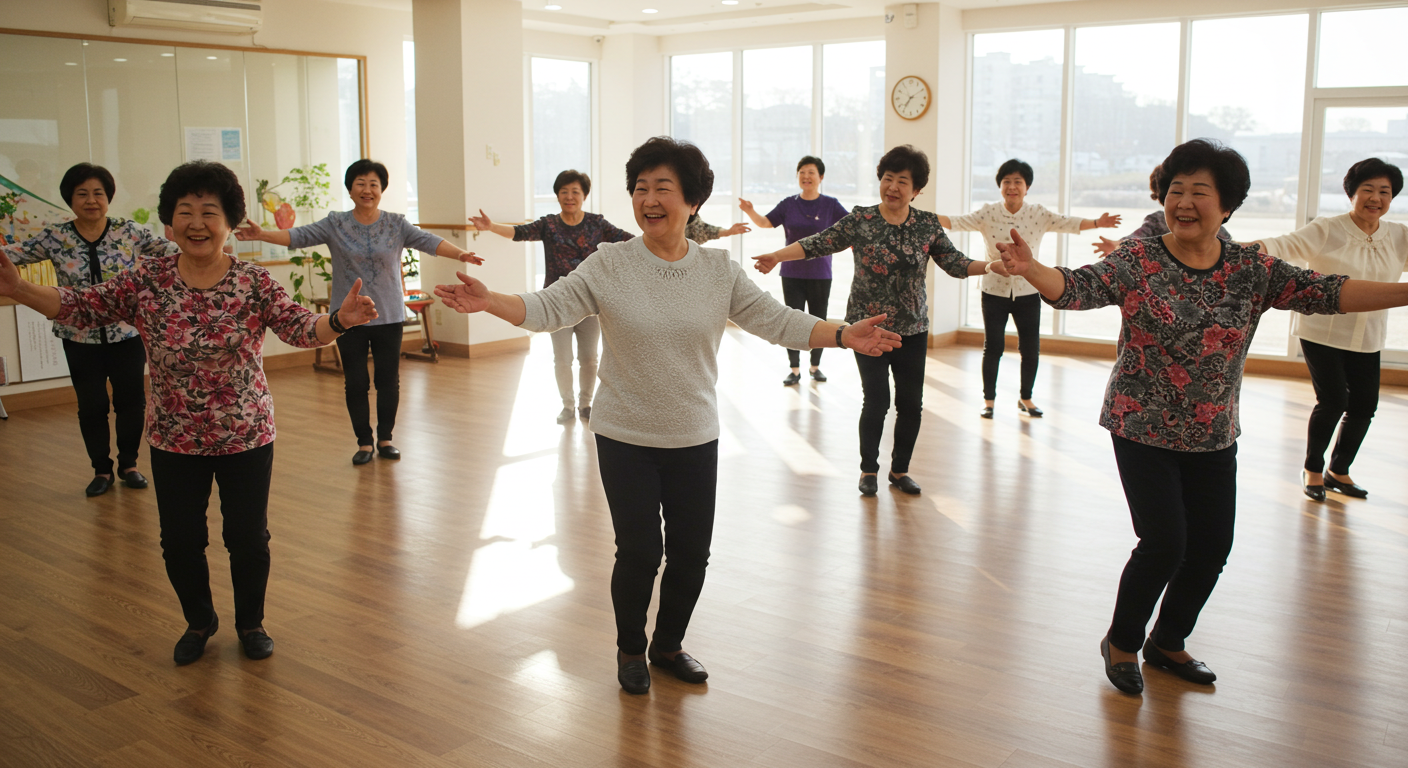 노인분들이 다함께 웃으며 건강을 위해 댄스를 하고 있다.