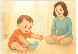 스스로 하겠다며 손을 뻗는 아기와, 미소로 응시하며 기다려주는 엄마의 모습