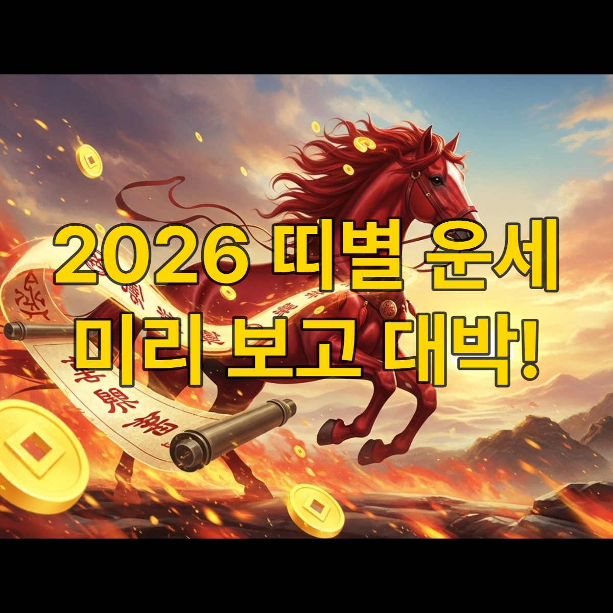 불타는 듯 붉은 갈기를 휘날리며 힘차게 달리는 말, 2026년 붉은 말의 해의 강력한 기운을 상징하는 역동적인 모습.