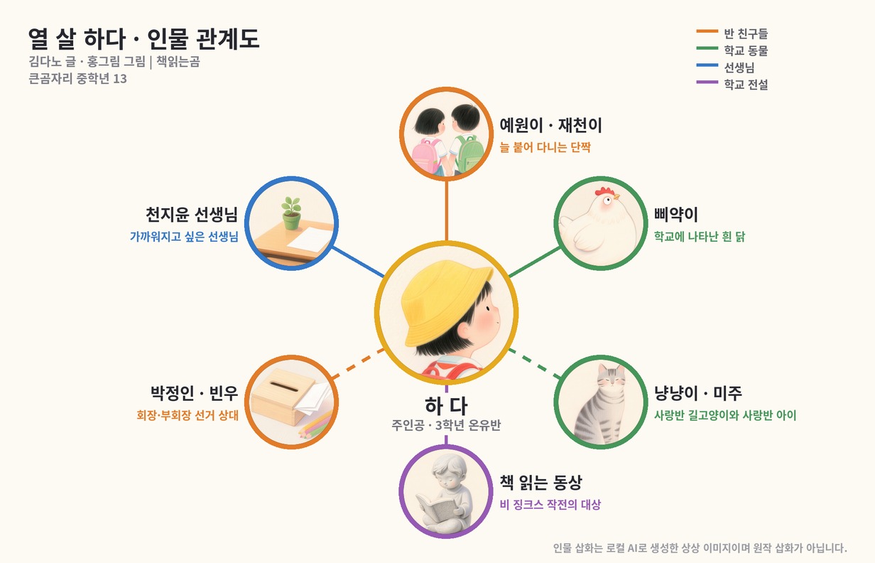 열 살 하다 인물관계도: 하다를 중심으로 예원이&middot;재천이, 흰 닭 삐약이, 길고양이 냥냥이와 미주, 천지윤 선생님, 선거 상대 박정인&middot;빈우, 책 읽는 동상