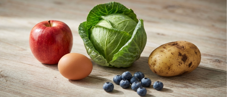 양배추, 달걀, 감자, 고구마, 바나나, 커피 이미지 사진