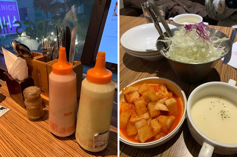 샐러드소스 2종 및 후추, 냅ㅊ킨, 식기류, 샐러드, 깍두기, 스프, 그릇