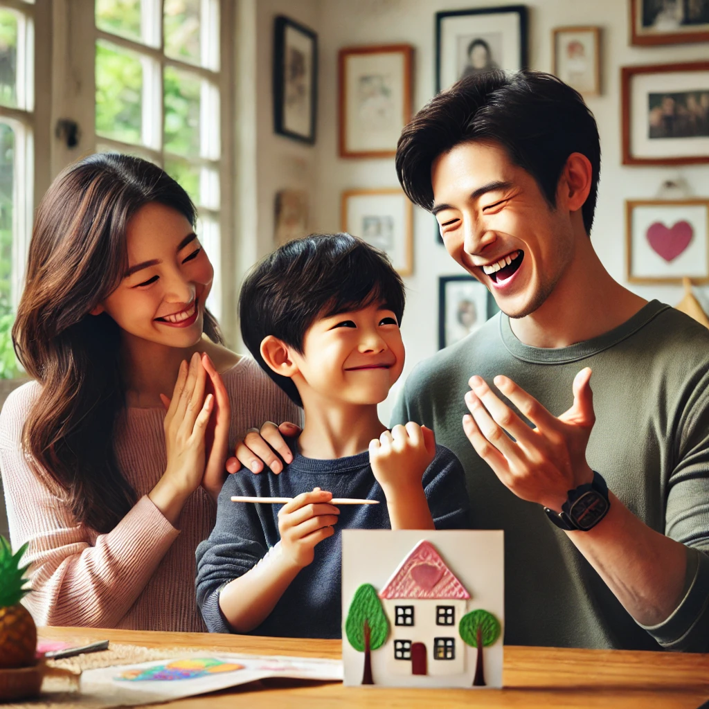 집 안에서 아들의 손수 만든 공예품을 칭찬하는 부모, 작품을 가리키며 구체적인 칭찬을 하는 어머니와 박수로 격려하는 아버지, 성취감으로 환히 웃는 아이, 따뜻한 조명과 가족적인 분위기가 강조된 장면.