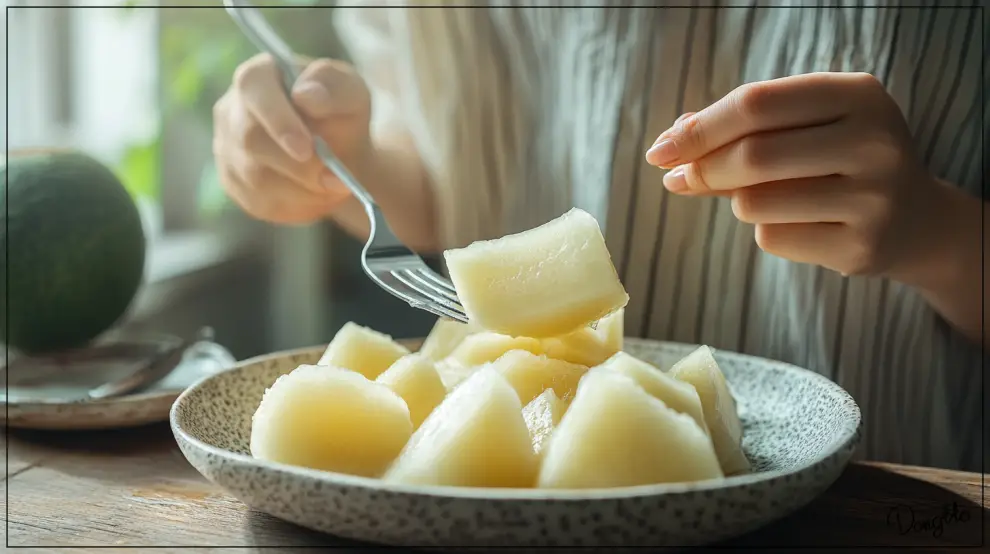 참외-효능-칼로리-참외를-포크로-먹고-있는-사람의-모습