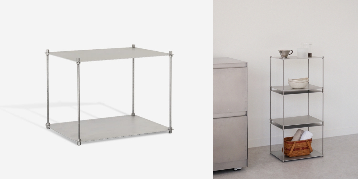 심플한 알루미늄 프레임의 금속 선반과 실제 공간 활용 예시