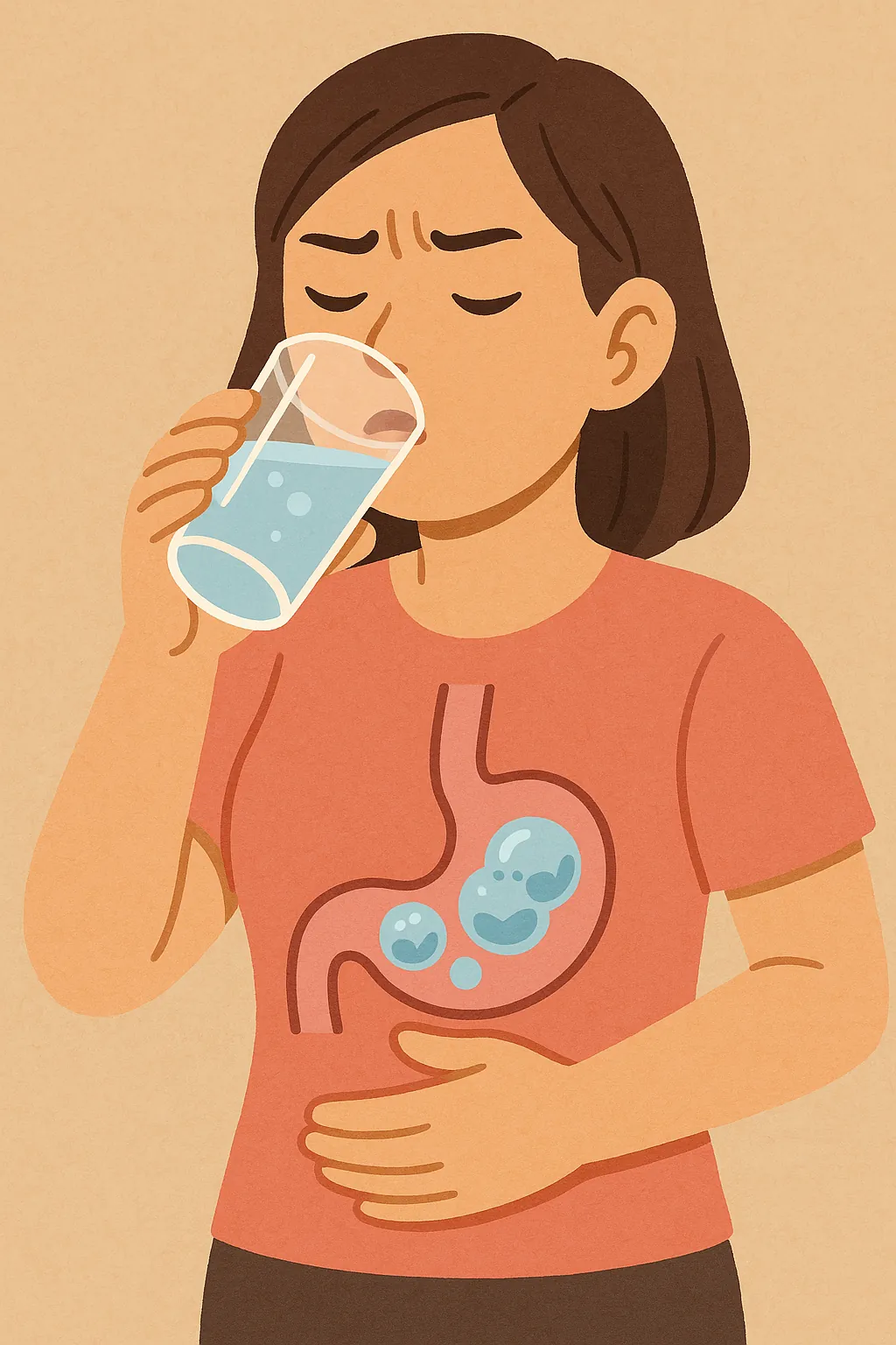 물을-마신-뒤-속이-부글거려-불편한-표정을-짓는-여성과-위-속-가스-거품을-표현한-일러스트