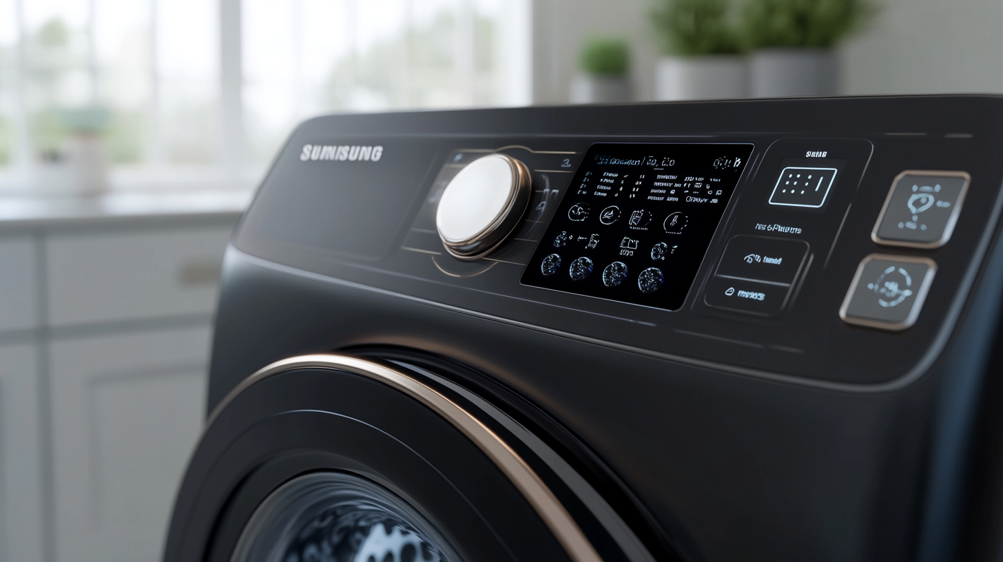 AI 설정과 버블 세척 기술이 표시된 직관적인 컨트롤 패널을 갖춘 삼성 세탁기의 근접 촬영, 현대적이고 정교한 디자인