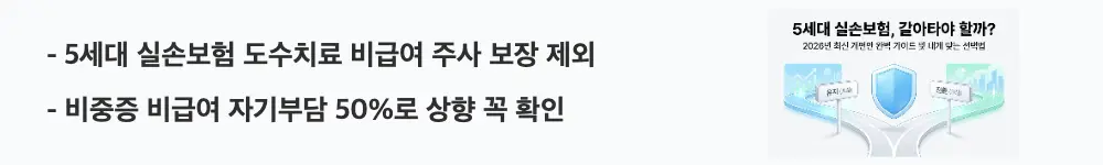 5세대 실손보험 전환: '5세대 실손보험 도수치료 비급여 주사 보장 제외 / 비중증 비급여 자기부담 50%로 상향 꼭 확인'이라는 문구가 포함된 웹배너 이미지. 이 이미지는 5세대 실손보험에서 보장 제외되는 항목과 자기부담률 변화를 시각적으로 전달하며, 블로그의 5세대 실손보험 보장 변화와 관련된 내용을 설명함