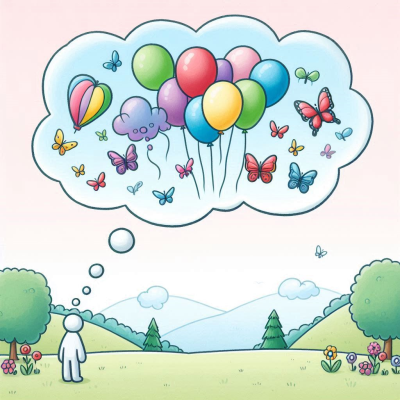 상상 속에서 풍선들이 하늘로 떠오르는 장면을 꿈꾸는 사람의 이미지입니다.