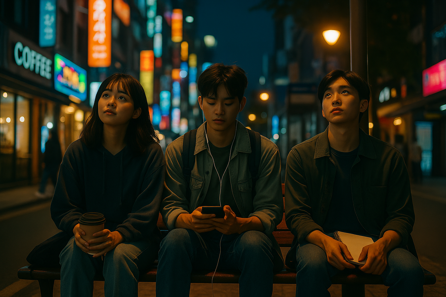 도시 거리에서 미래를 고민하는 Z세대 청춘영화 장면