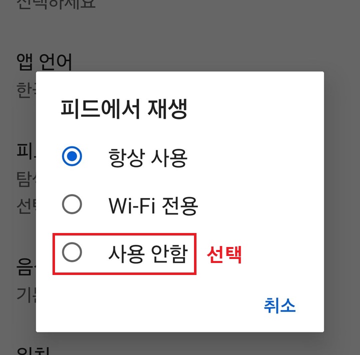 피드에서 재생 선택창 보임