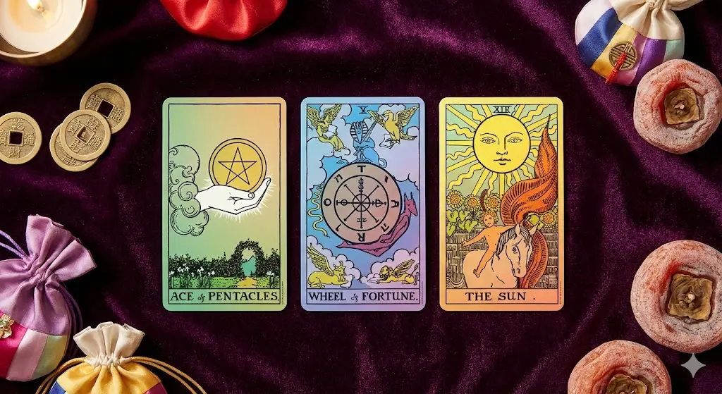 2026년 설날 특집 금전운 횡재수 타로 리딩—에이스 오브 펜타클, 운명의 수레바퀴, 태양 카드 그라데이션 일러스트