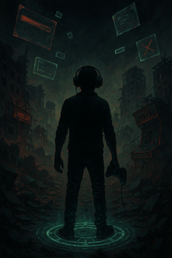 붕괴된 도시의 폐허 위에 선 실루엣 게이머가 낡은 헤드셋과 부서진 조이스틱을 쥐고 있으며, 공중에는 가상현실 게임 UI 조각들이 떠 있고, 초록빛 마법진이 발밑에서 빛나는 디스토피아풍 장면
