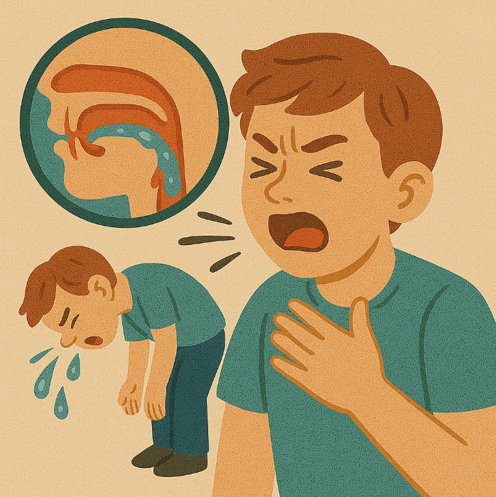 비염 코세척 시 주의사항 – 식염수가 목 뒤로 넘어가 기침하는 남성의 모습과 기도 내부 구조 설명 일러스트