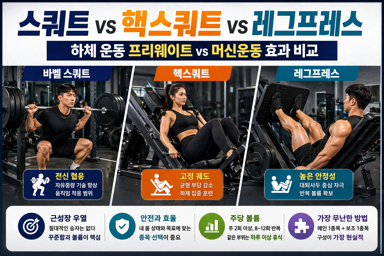 스쿼트 vs 핵스쿼트 vs 레그프레스, 하체 운동 프리웨이트와 머신운동 효과 비교를 보여주는 썸네일 이미지