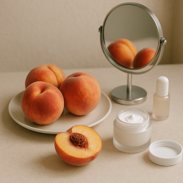 복숭아와 피부 건강을 상징하는 스킨케어 소품들