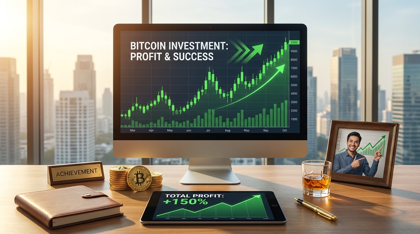 ビットコイン投資の成功イメージ、グラフ上昇、利益増加、成功の喜び