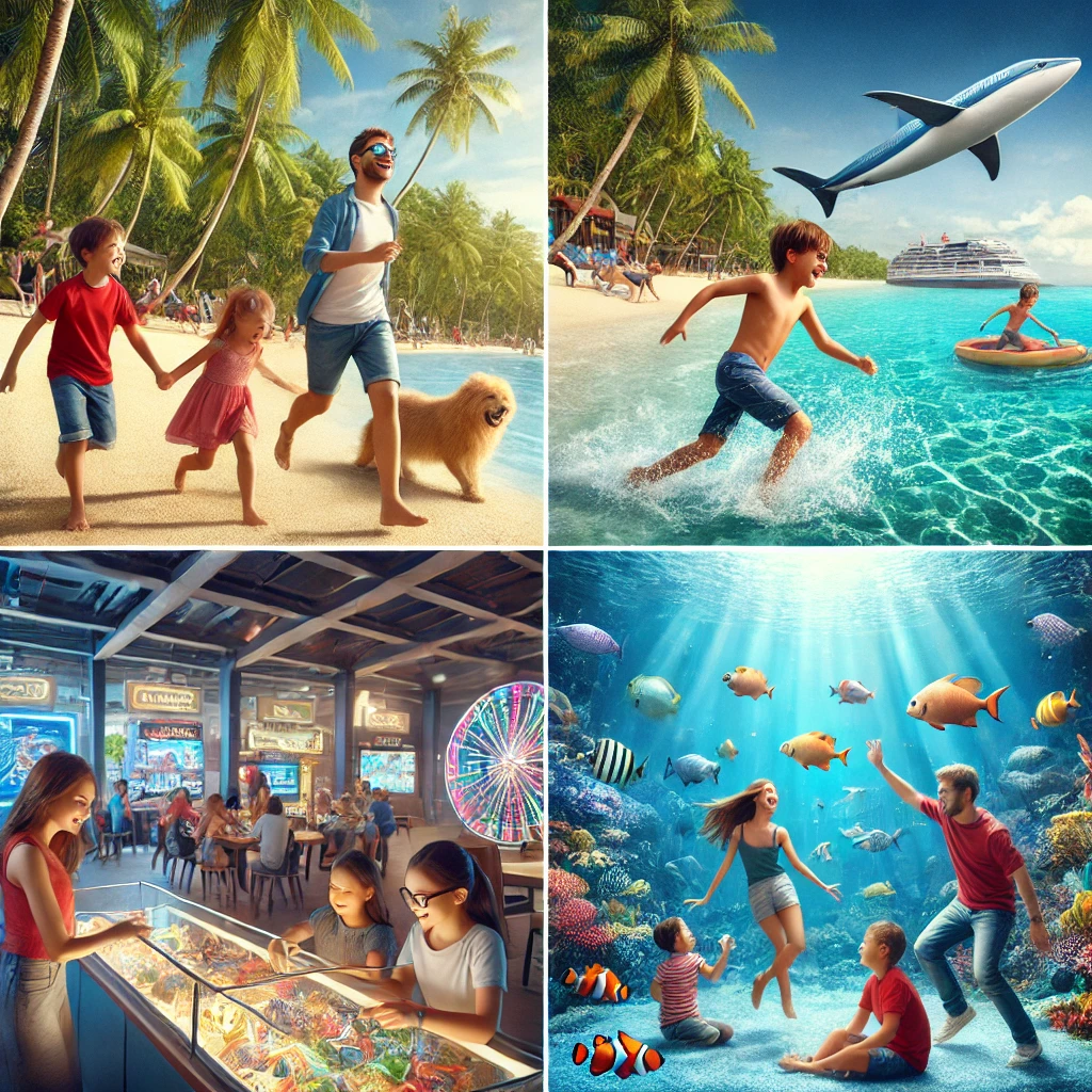 세부 해변에서 가족이 함께 놀고 있는 모습, 아이들이 신나게 뛰어노는 놀이공원이나 수족관의 장면