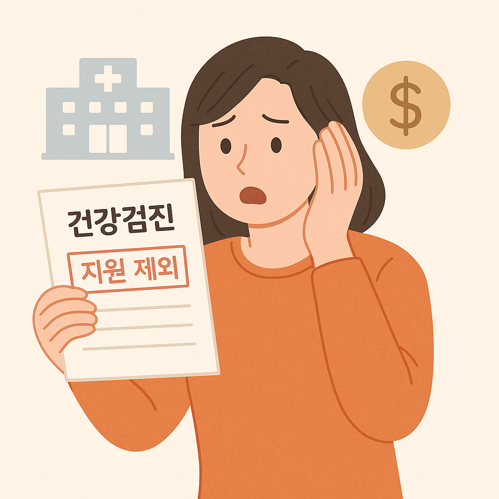 국가암검진 제외 안내서를 보고 놀라는 인물의 모습, 배경에는 병원과 비용 아이콘이 함께 표현됨