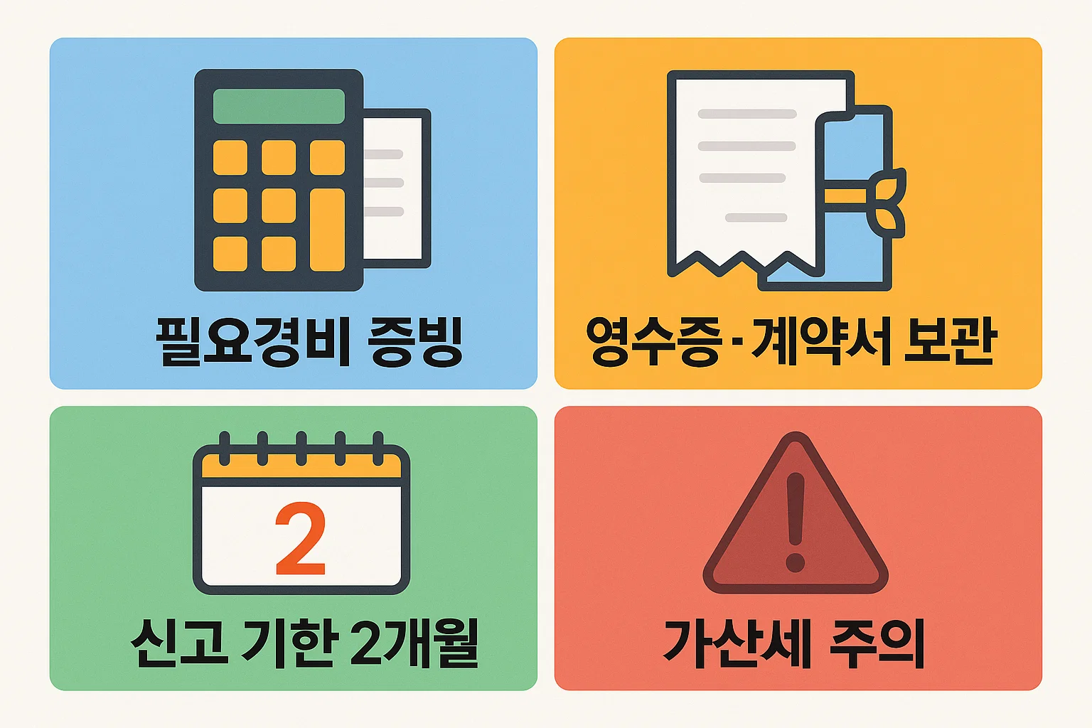 양도소득세 절세를 위한 필요경비 증빙, 영수증과 계약서 보관, 신고 기한 2개월, 가산세 주의사항을 담은 인포그래픽