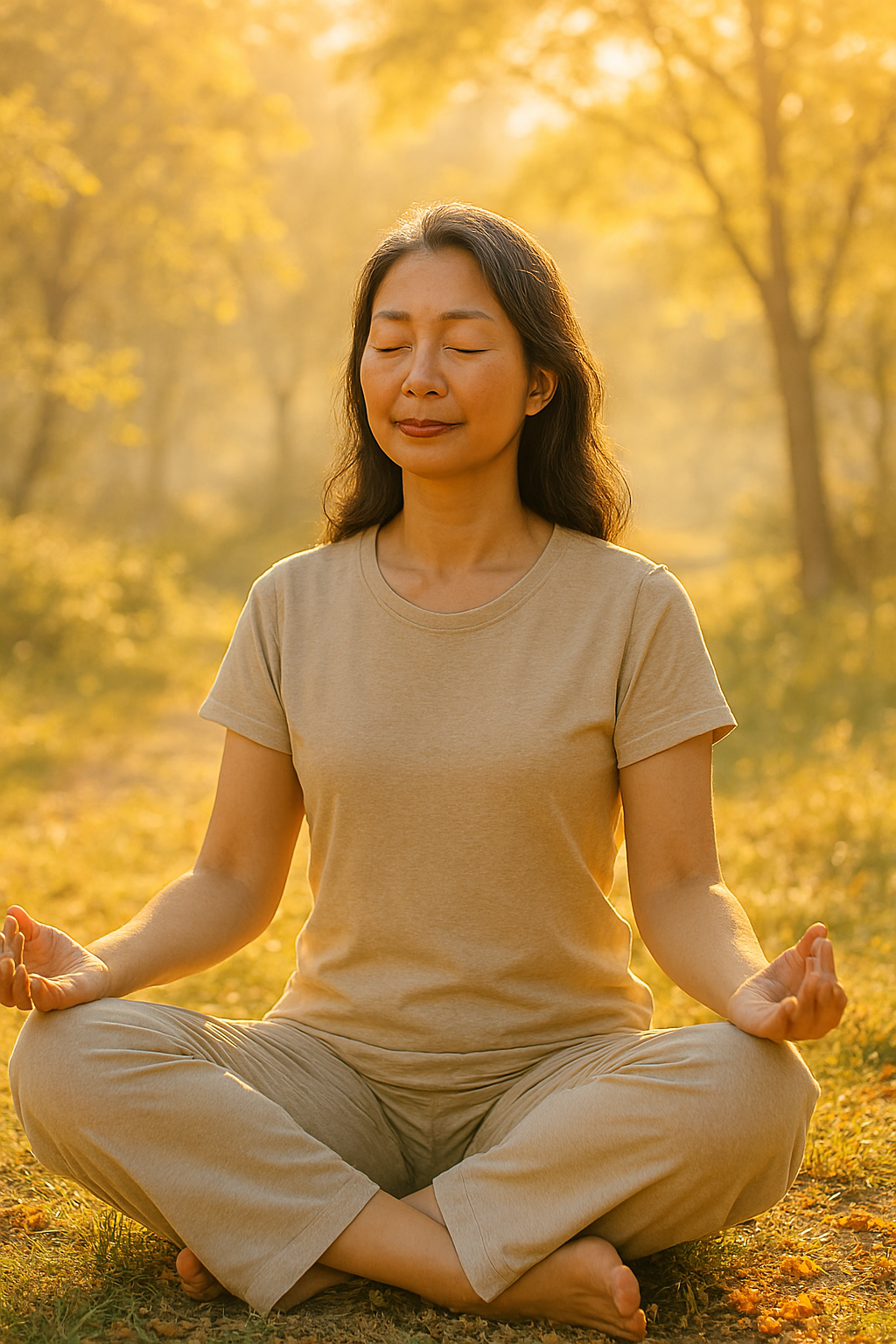 건강한 아침루틴으로 햇살이 잘 드는 숲속에 앉아 아침명상을 하는 동양인 여성의 모습