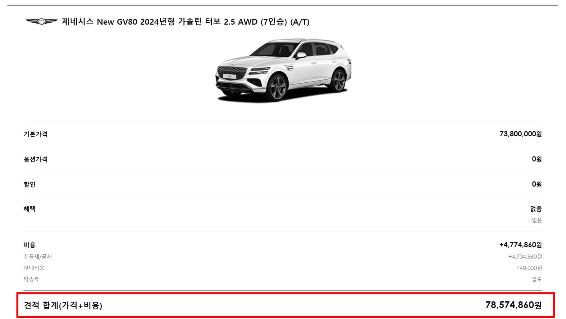 GV80 가솔린 터보 2.5 AWD 7인승 실제 구매 가격