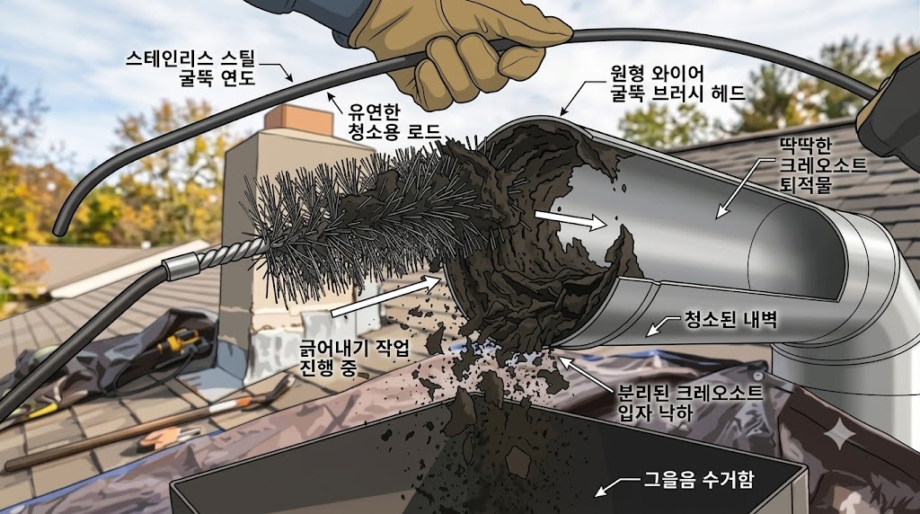 연통 내벽에 와이어 브러시를 투입하여 긁어내는 구조도