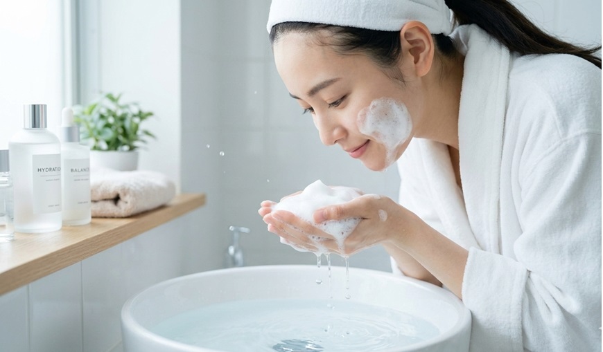 깨끗한 피부의 여성이 미온수로 세안하며 평온하게 웃는 모습 (피부 재생)