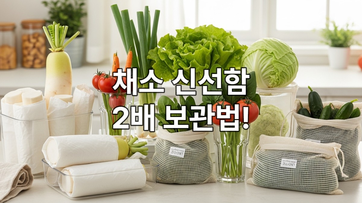 다양한 신선한 채소들(무, 대파, 양상추, 시금치, 토마토, 오이)이 올바르게 보관된 모습. 키친타월에 싸여 밀폐 용기에 담기거나 물병에 세워져 있는 모습이 깔끔한 주방 조리대 위에 놓여 신선함을 강조합니다.