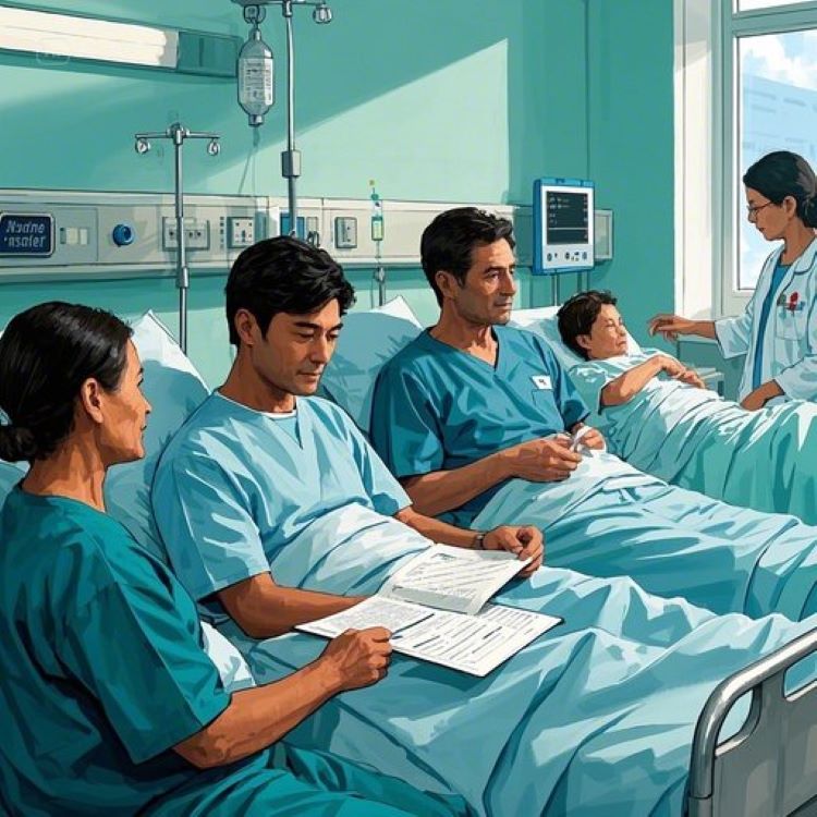 “병원 침대에 누운 환자와 간병인, 보험 약관을 꼼꼼히 확인하는 가족, 간병비 보장과 간병인 지원형 상품을 인포그래픽으로 비교하는 장면”