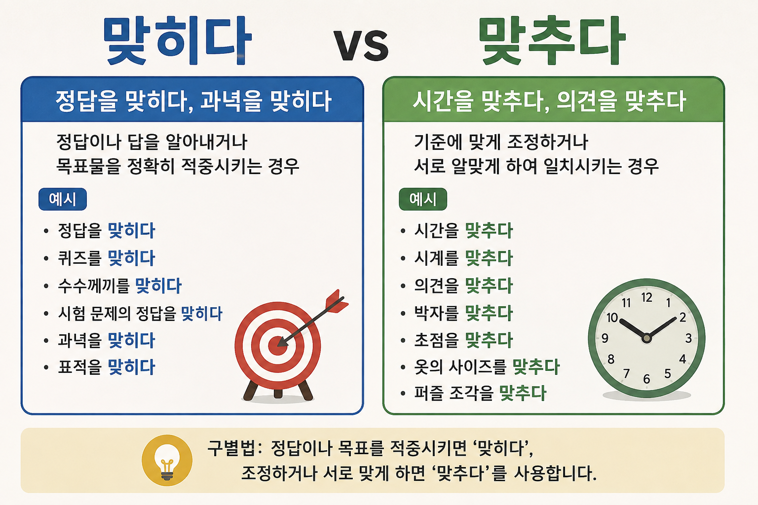 맞히다 vs 맞추다 차이 완벽 정리|'정답을 맞히다'와 '시간을 맞추다' 쉽게 구별하기