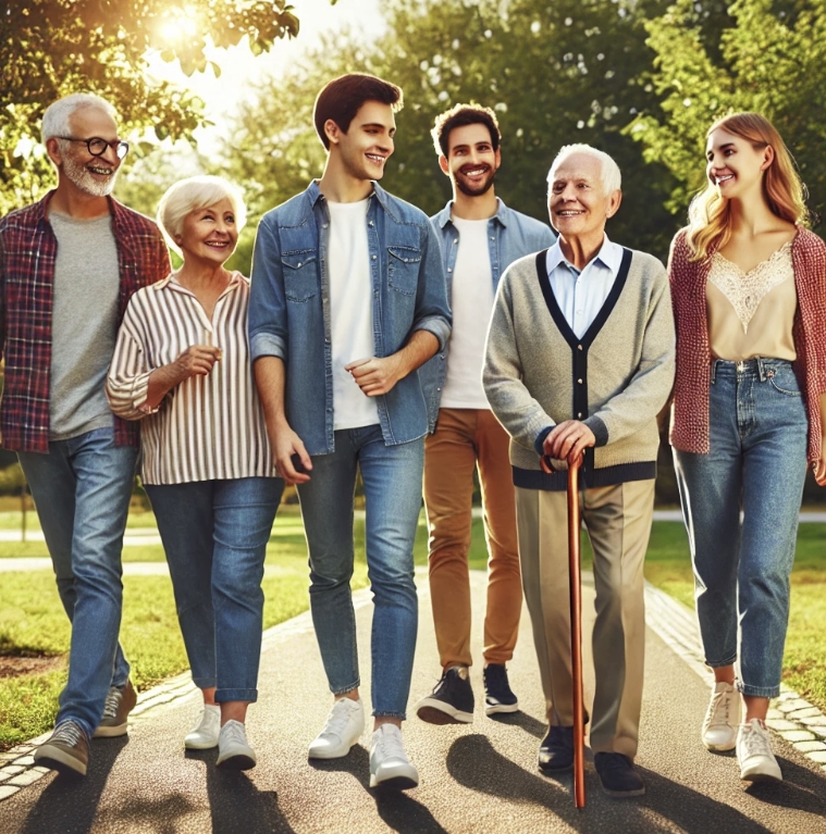 가족들이 함께 즐겁게 산책하는 사진