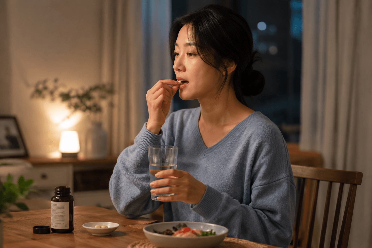 저녁 시간 5-HTP 영양제를 물과 함께 복용하는 여성의 모습