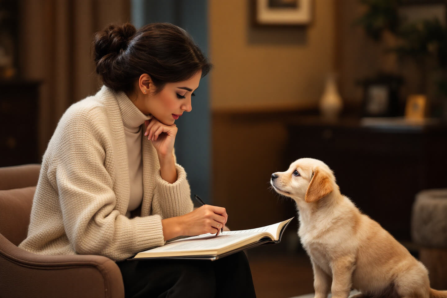 owner answering puppy questions, thoughtful expression, puppy looking curious