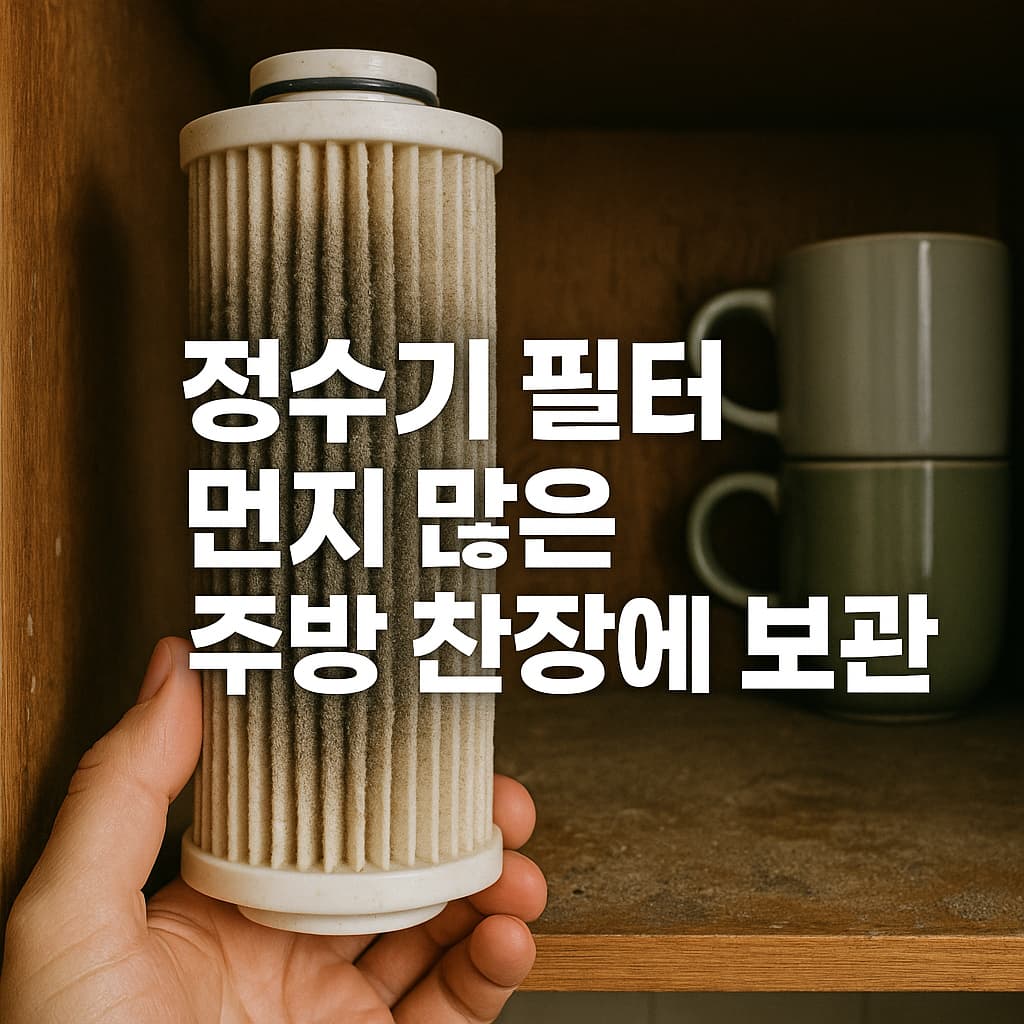 정수기필터가 먼지 많은 주방 찬장에 보관된 상황을 보여주는 이미지