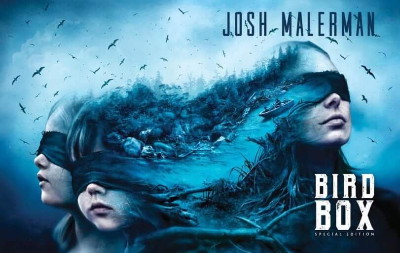 Bird Box : 눈을 가린 여성과 아이들 머리에서 숲과 강 위의 배 장면이 뻗어 나옴.