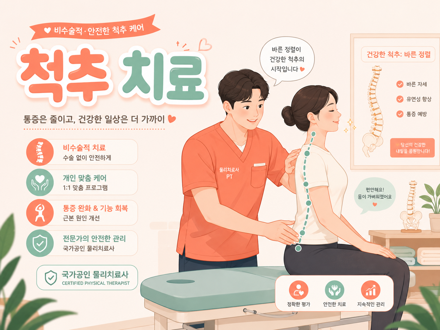 전문 물리치료사가 젊은 환자의 허리 척추 정렬을 정교하게 바로잡는 도수치료 현장 일러스트