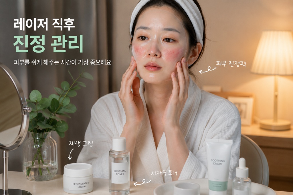 레이저 시술 직후 붉어진 피부를 진정팩과 재생크림으로 관리하는 여성 모습